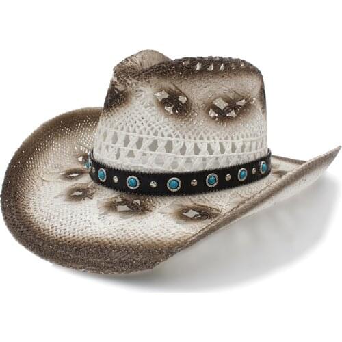 Fashion Women Men Western Cowboy Hat With Punk Band Handmade Weave Sombrero Cowgirl Hat Size 58CM A0109 Dropshipping