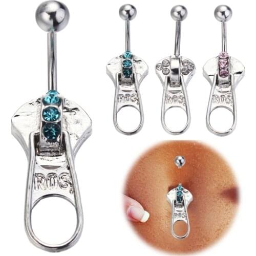 MODRSA 1PC Punk Wind Crystal Zipper Navel Ring Stainless Steel Belly Button Ring Creative Dangle Navel Belly Piercing ombligo