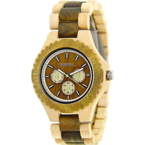 BEWELL Mens Sandal Wooden Watches Handmade Date Display Analog Quartz Vintage Round Wood Watch