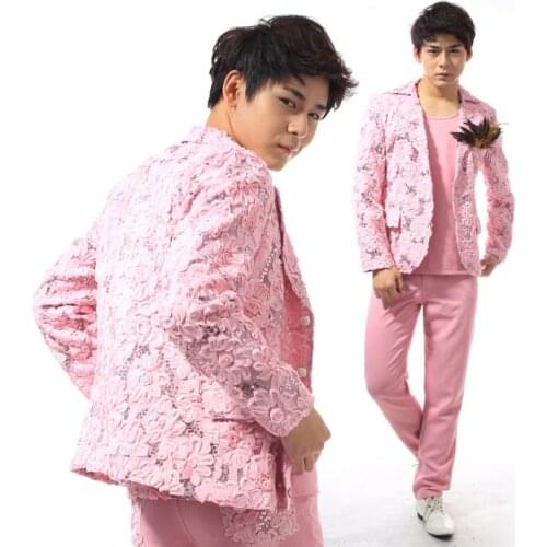 Personality blazer men latest coat designs men suit costume mens jackets personality stage singer pink wedding formal dress