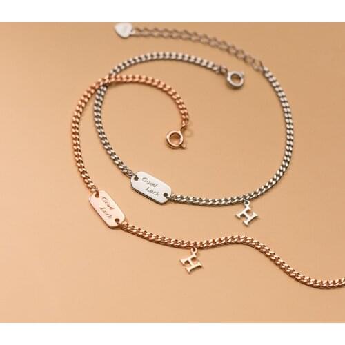 Real 925 Sterling Silver Simple Letter Good Luck Bracelet Chain Bracelets with Alphabet H Jewelry for Women