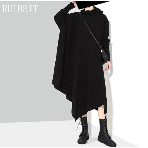 New Gothic Punk Women Autumn Winter Black Gray Sweater Dress Long Sleeve Stretchy Girls Asymmetrical Dress Plus Size