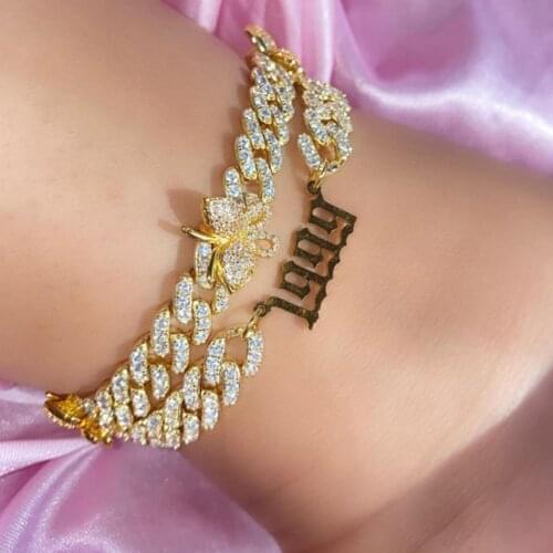 Punk HipHop Crystal Butterfly Charms Chunky Anklets Bracelet For Women Full Rhinestone Baguette Curb Cuban Ankle Chain Jewellery