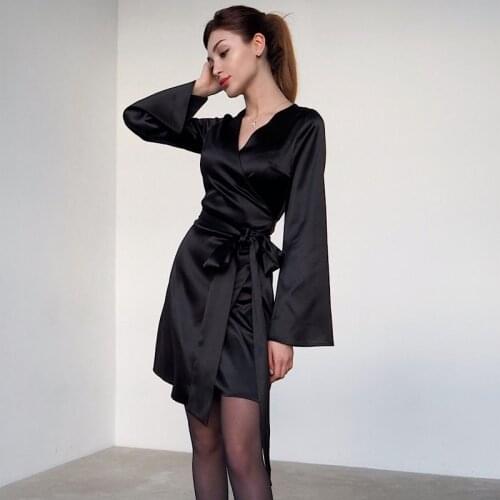 MUICHES Sexy Cross Mini Satin Dress Woman V-Neck Flare Sleeve Bathrobe High Waist A-Line Dress Holiday 2021 Fall Party Club
