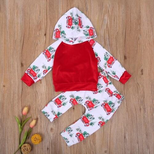 Christmas Babys Suit Long Sleeve Hooded Sweater Mid Waist Long Pants with Car Patterns Spring Autumn Babys Clothes Set 0-3Y