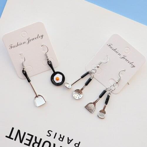 Kitchenware Earrings Simulation Spatula Flat-bottomed Omelette Pan Earrings Personality Fun Asymmetrical Earrings Jewelry