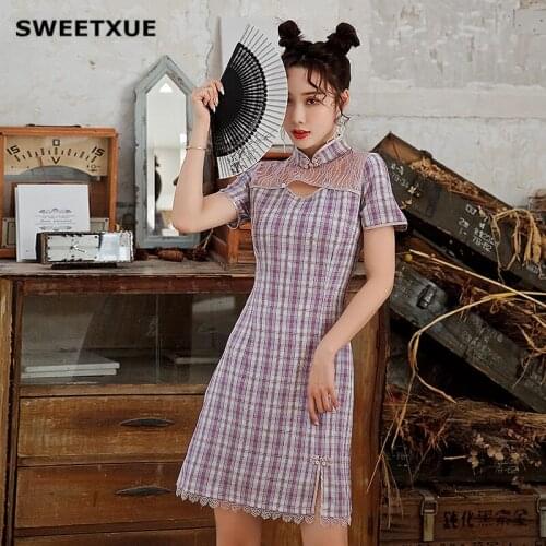 SWEETXUE Womens Lace Patchwork Plaid Cheongsam Dress 2021 New Temperament Hollow Mini Chic Female Qipao Vestido de mujer