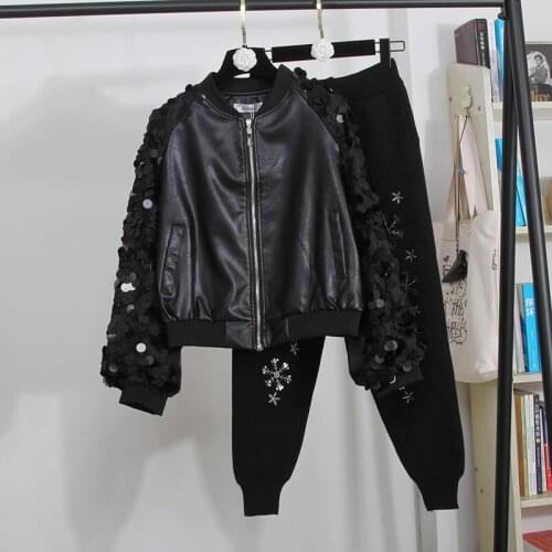 Fashion Suit Female Spring Autumn 2021 New Baseball Uniform Leather Jacket Coat Sequin Knitted Wool Pants Two-piece Suit Women