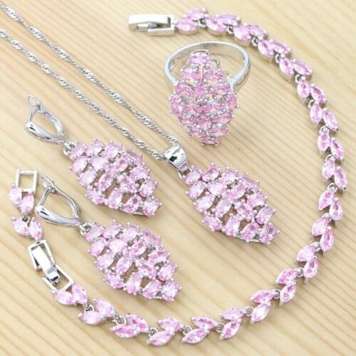925 Sterling Silver Jewelry Sets for Women Pink Cubic Zirconia Ring Bracelet Necklace Pendant Earrings Romantic Jewelry