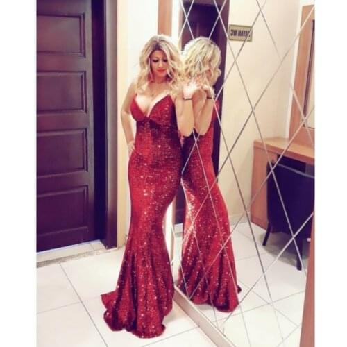 Sexy Long V-Neck Sequin Prom Dresses Mermaid Corset Back Pleated Royal Blue Robe De Soiree Floor Length Formal Party Gown