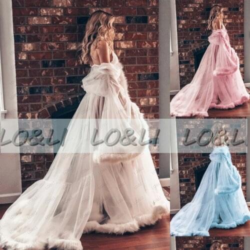 Luxury White Feather Fur Women Winter Kimono Pregnant Party Sleepwear Maternity Bathrobe Chiffon Nightgown Photography Gown Robe