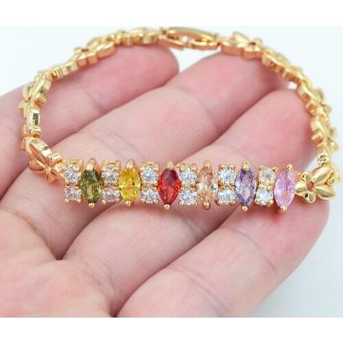 Gold Color AAA+ Cubic Zirconia Fashion Women Colorful Marquise CZ Charm Bracelet Jewelry