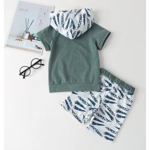 2pcs Short Sleeve Print Hooded T-Shirt Tops+Shorts Suits Casual Print Short Sleeve Hooded Outfits Sets Summer Baby Boys