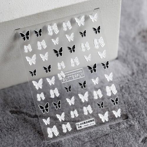 5D thin and tough nail stickers embossed thin transparent nail stickers black and white butterfly nail decoration