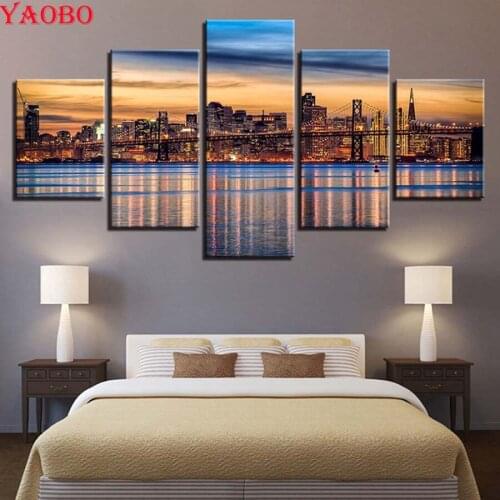 5pieces Diamond Embroidery City Building Night View DIY Cross Stitch 5D Diamond Painting Rhinestones Square Full Diamond Mosaic