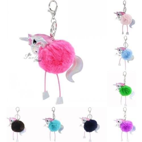 Furling Cute Double Faces Unicorn Horse Printing Key Ring with Soft 7cm Faux Rex Fur Pompoms Sliver Keychain Handbag Accessories