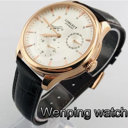 Corgeut 40mm New Mens Top Mechanical Watch Rose Gold Case White Dial Date Leather Strap Power Reserve Automatic Watch