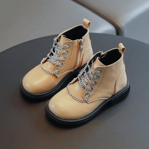 Children British style silver chain boots 2021 autumn new boys and girls cool leather boots princess solid color mid-top boots