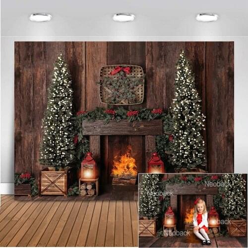 Photography Background Christmas Decoration Tree Retro Vintage Wooden Wall Fireplace Christmas Backdrops for Photo Studio