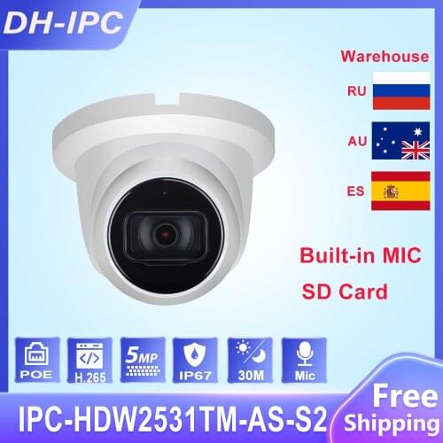 Dahua Original IPC-HDW2531TM-AS 5MP POE Built-in Mic SD Card Slot H.265+ 30M IR IVS WDR IP67 Starlight Eyeball IP Camera