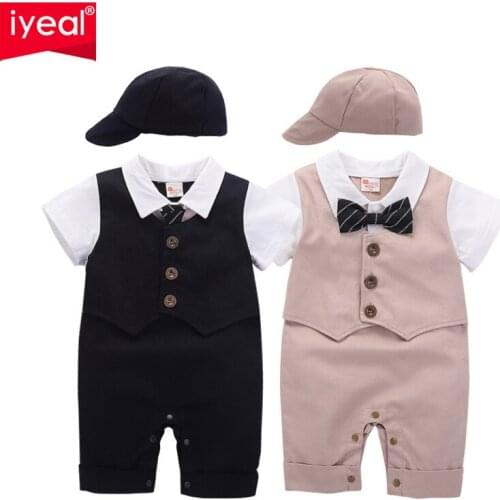 IYEAL Summer Baby Boy Rompers 100% Cotton Baby Clothes Gentleman Newborn Boys Romper Toddler Kids Jumpsuits With Hat Birthday