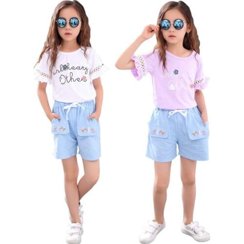 Summer Girl Clothing Set Fashion Children Short sleeve T-shirt Tops Shorts Suit Teenager Girls Sports Clothes Sets For 4-10 Y