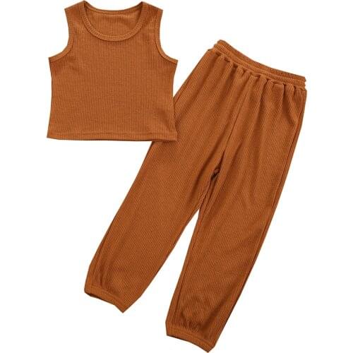 3-7Years Toddler Summer Outfits Baby Girls Summer Sleeveless Solid Color Round Neck Tank Top + Trousers