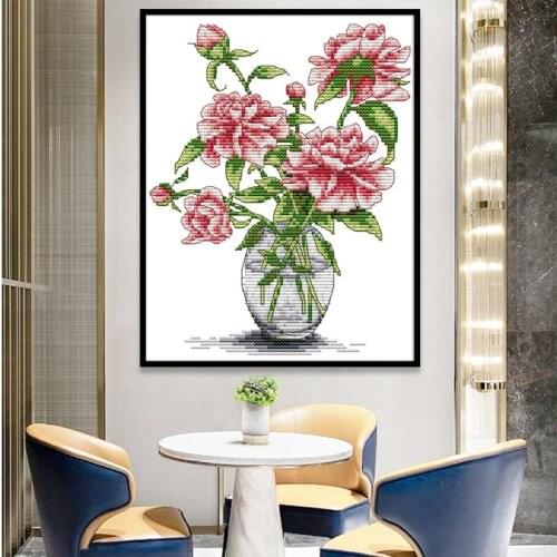 Flowers and Vase Cross Stitch Kit Floral Pattern 11CT 14CT Printing Embroidery Needlework Kit Wedding Holiday Decoration Crafts