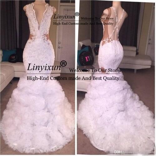 2020 Newest Designer Lace Mermaid Prom Dresses Plunging V Neck Puffy Skirt Sexy Criss Cross Backless Long Train Evening Gowns