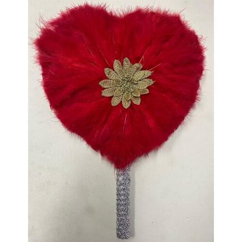2021 New Design African Red Feather fan ladies wedding feather fan for bride LOVE-HEART feather nigerian feather handfan