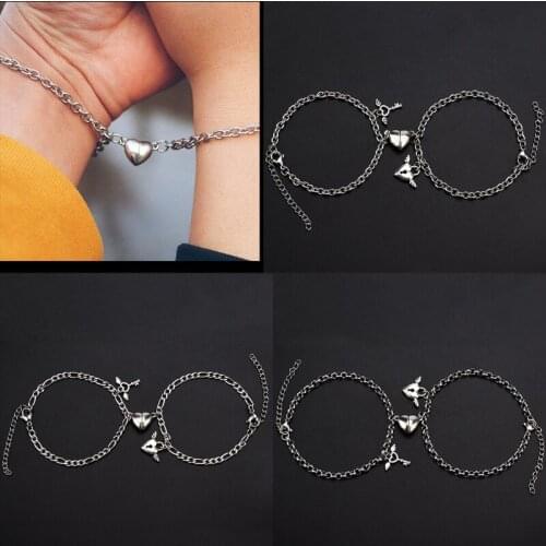Couple Bracelet Stainless Steel Simple Heart-shaped Magnet Lock Key Male and Female Bracelet Pearl Chain Valentine'Day Gifts