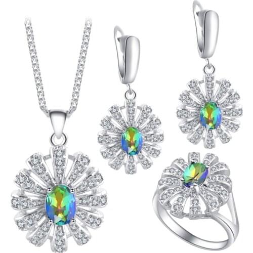 ROLILASON Fashion Jeweler Sets for Women Gift Mystic Zircon silver plated Stamped Sets Earring Necklace Pendant Rings JS678