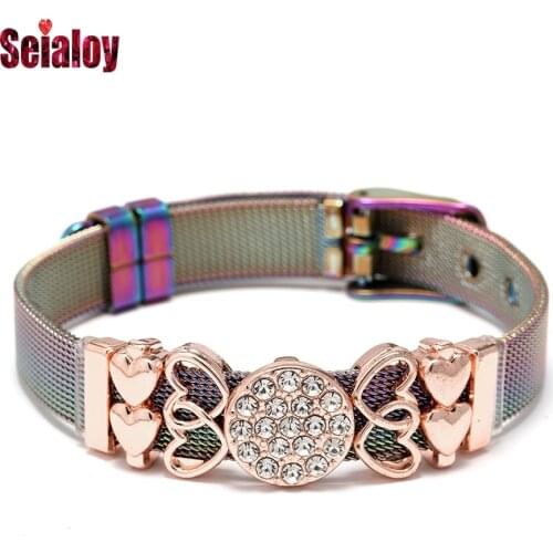 Seialoy Rose Gold Shiny Crystal & Double Heart Beaded Charm Stainless Steel Mesh Bracelets For Women Fashion Watch Belt Bracelet