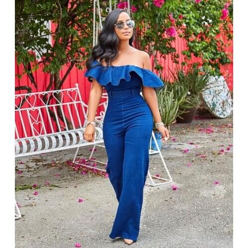 Sexy Women Slash Neck Wide Leg Denim Antumn Straight Jumpsuit With Sashes Lady Elegant Casual Jumpsuit Rompers
