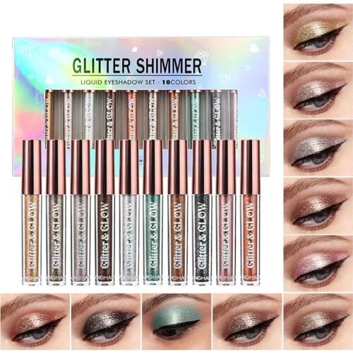 10 Colors Shimmer Liquid Eyeshadow Diamond Glitter Eye Shadow Cream Waterproof Long Lasting Gold Silver Metallic Cosmetics Set