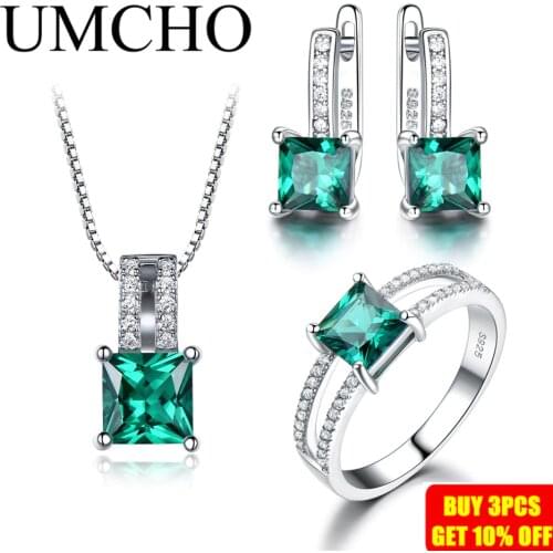 UMCHO Genuine 925 Sterling Silver Jewelry Sets for Women Gemstone Emerald Ring Pendant Stud Earrings Wedding Engagement Jewelry