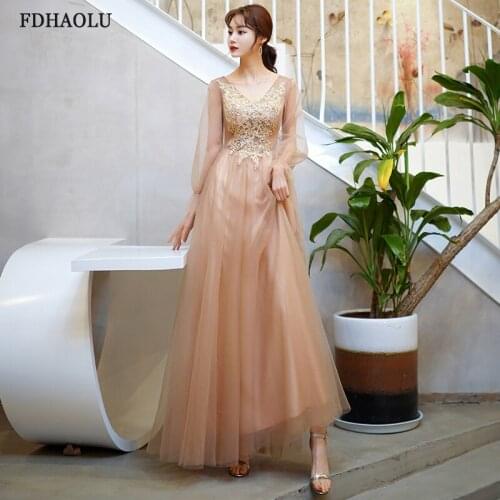 FDHAOLU FU139 Evening Dress Full Appliques Beading Lace Zipper Design Floor length Formal Dresses Long Sleeve Party Gown