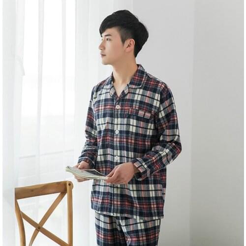 Spring Men Cotton Pajamas Double-sided Flannel Plaid Sleepwear Classic Casual Lapel Home Wear Plus Size Night Pijamas 2pcs Suit
