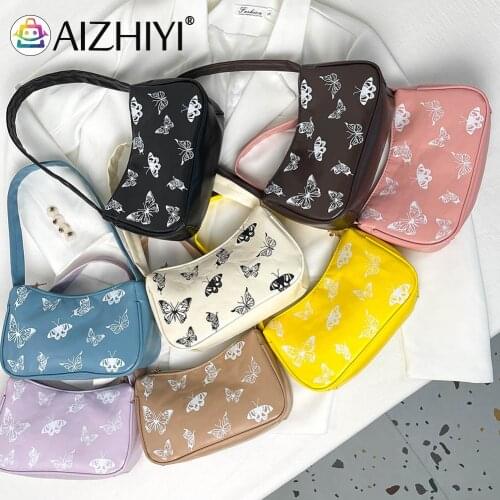 Vintage Women Butterfly Printing PU Leather Shoulder Underarm Bag Casual Ladies Small Handbags Purse