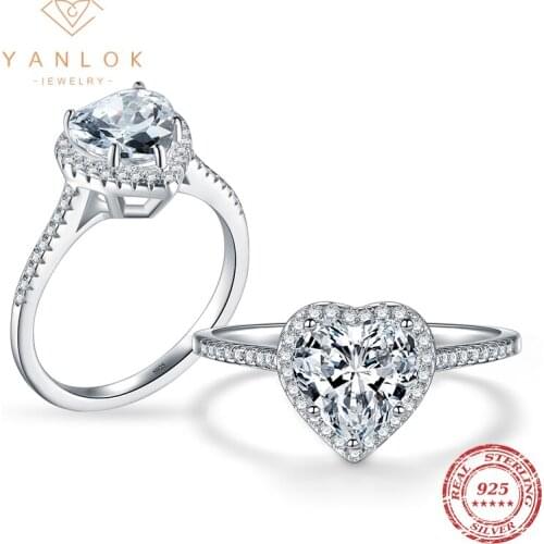 YANLOK Classic Real 925 Sterling Silver Engagement Luxury Finger Ring Heart Cubic Zirconia Rings for Women Wedding Jewelry Gifts