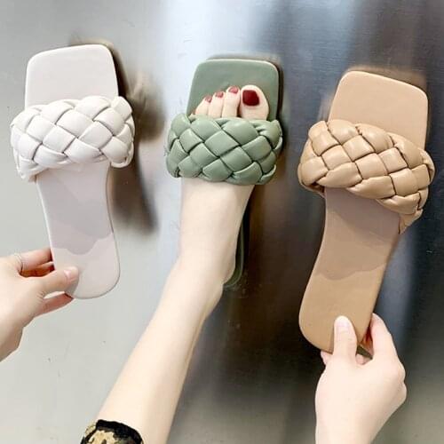 Womans Shoes Slippers Flat Slides Fashion Square Toe Slipers Women Summer Luxury 2020 PU Rome Basic Rubber Shoes Square Toe