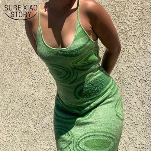 2021 Print Knit Bodycon Dress Women Green Y2K Summer Hollow Out Sexy Sleeveless Spaghetti Strap Beach Midi Dresses Party 14620