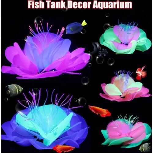 Aquarium Artificial Simulation Soft Silicone Fluorescent Flower Fish Tank Decoration Aquatic Water lily Plant Coral Ornaments