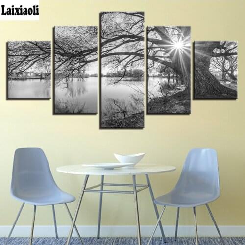 5d diamond painting 3d Embroidery,Full,square,picture of Rhinestone,Mosaic 5 Pieces Lakeside Big Trees Paintings Black White art