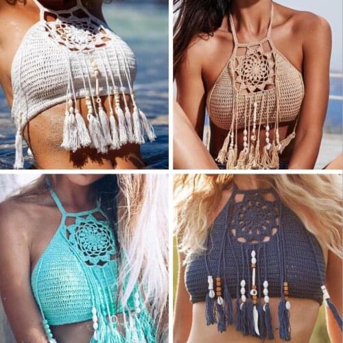 Bikini Top Crochet Tassel Cropped Swimsuit Bra Women Two Piece Separates Swimwear Tops White Black Beach bikini parte de arriba