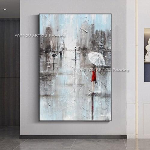 Handmade Large Wall Artwork Art Abstract Painting Girl White Umbrella Red Dress Grey Blue City Rain Knife Oil Painting on Canvas