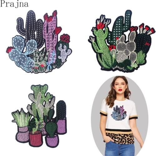 Prajna Large Cactus Patch Iron On Embroidered Patches For Clothes Cartoon Badge Fabric Sewing Patch Stickers Stripe Jacket Decor