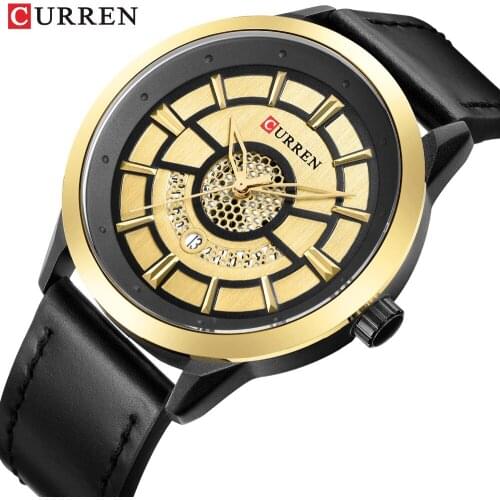CURREN Top Brand Luxury Mens Watch Gold Quartz Wrist Watches with Black Leather strap Fashion Casual Clock erkek kol saati