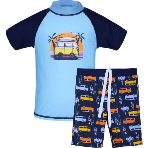 BAOHULU Kids Boys Swimsuit Short Sleeve UPF 50+ UV Sun Protective Rash Guard Two Pieces Car Print Swimwear Bathing Suit