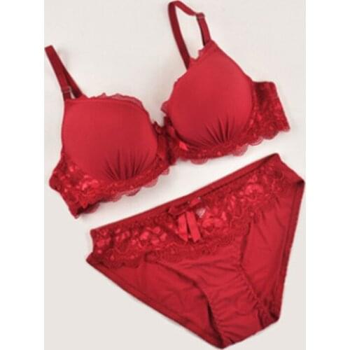 Women Bra & Brief Set Lace Underwear Sexy Push Up Bra Triangle Briefs Sets Bow Thong Brassiere Bra Deep V Lingerie Intimates